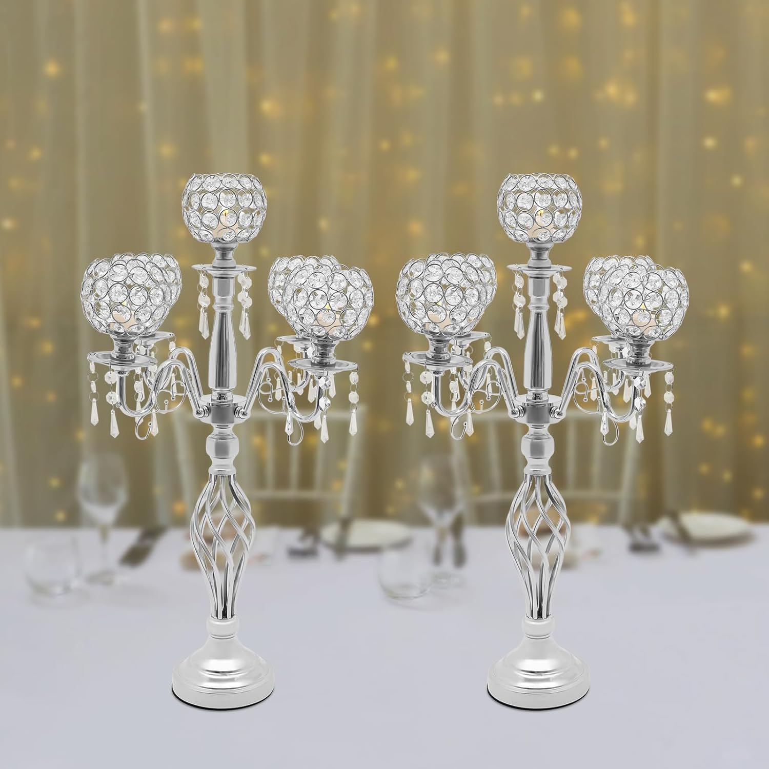 DYNAMI 2Pcs Crystal Candelabra Centerpieces for Tables,5 Arm Bowl Candle Holders 26.8" Tall Candlestick Holders,with Crystal Decor, for Wedding Christmas Dinner Party Events (Silver)