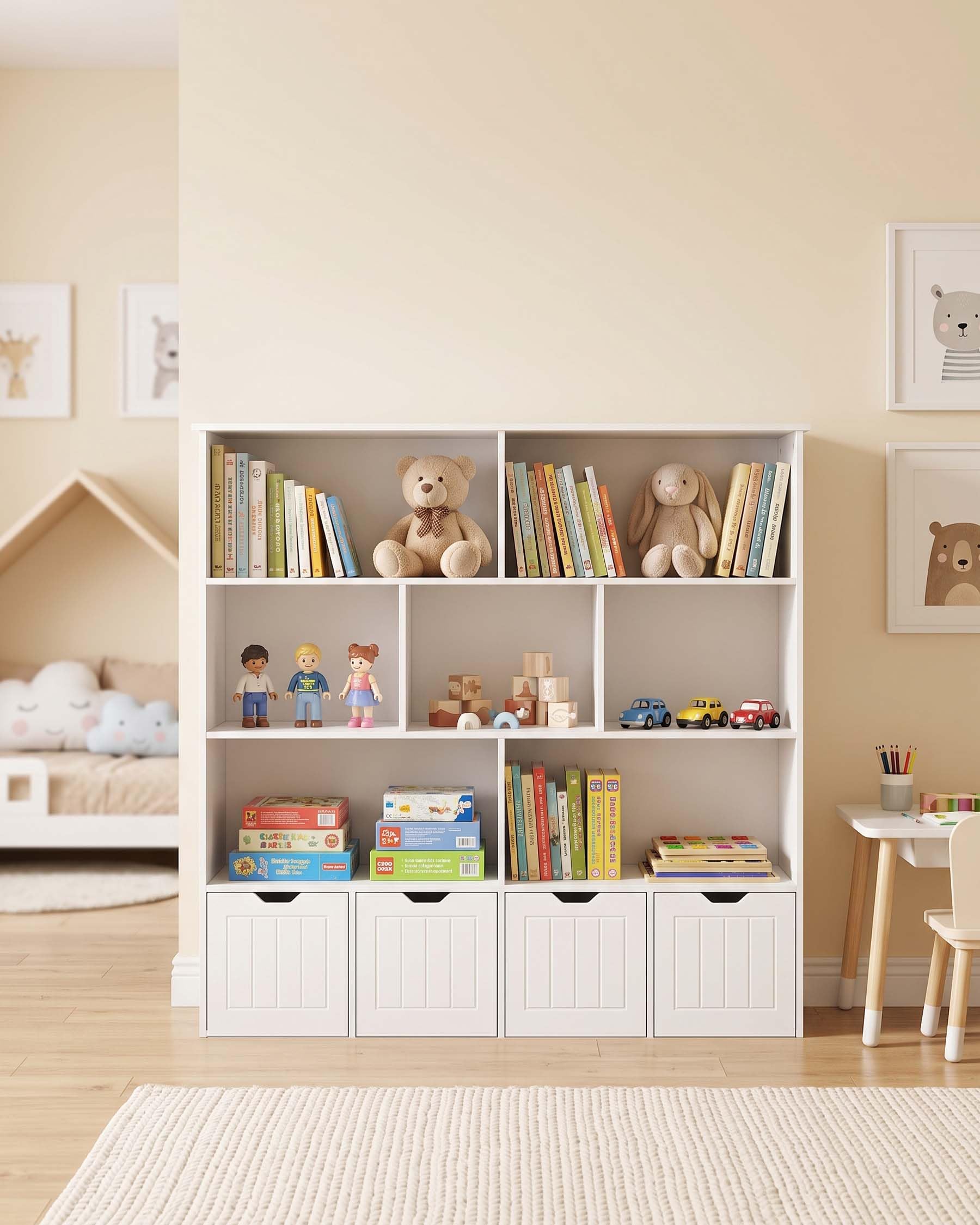 Estantería Infantil Blanca con Cajas sobre Ruedas, 125 cm