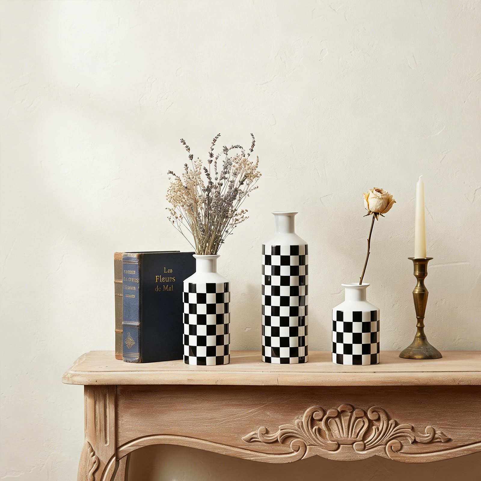 Keramik-Vasen-Set im Schachbrettmuster, 3-teilig, schwarz-weiße Porzellanvasen in verschiedenen Höhen, Moderne, minimalistische Wohndekoration für Wohnzimmer, Regal und Tisch (Schwarz)
