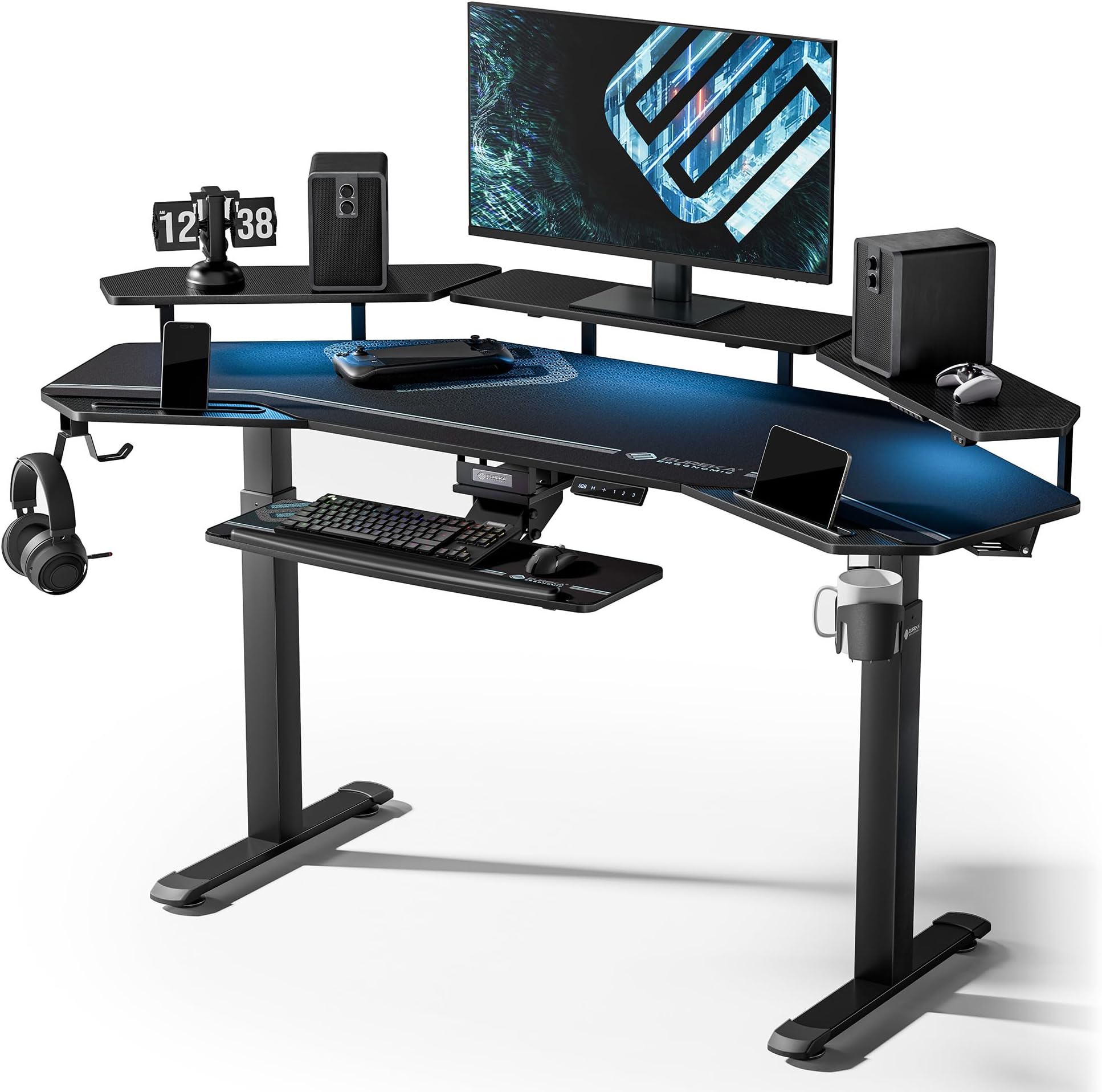 EUREKA ERGONOMIC Standing Desk Keyboard Tray, Wing Shaped, 72'' Large Studio Music Desk, LED Convertible Shelves, Electric Height Adjustable Dual Motor, Gaming Recording Live Stream, Slot Design