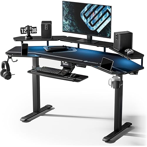 EUREKA ERGONOMIC Gaming Desk, Standing Desk w Keyboard Tray, 72" Wing Shaped Music Studio Table with LED Shelves, Gaming Recording Live Stream, Slot Design