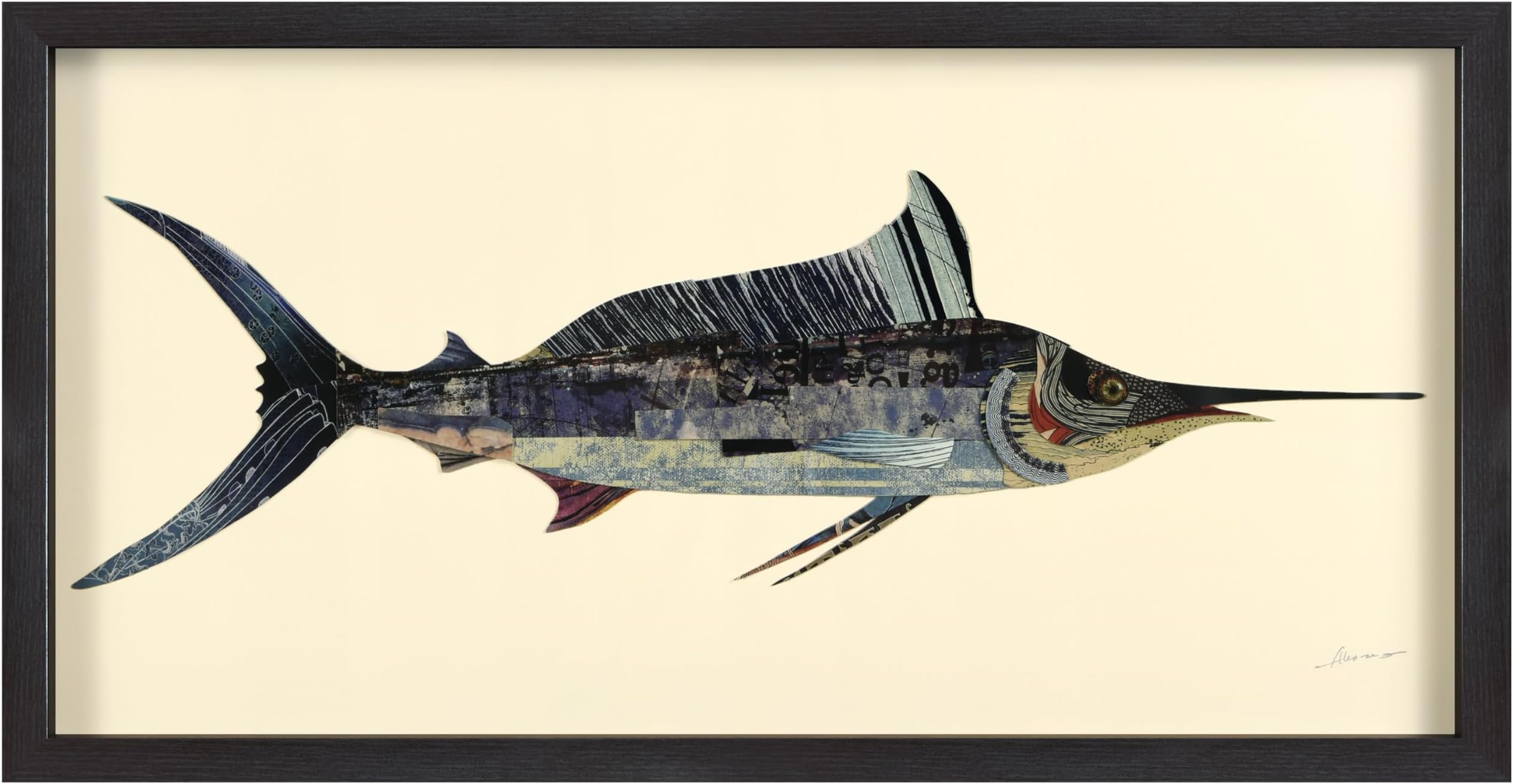 Empire Art Direct Blue Marlin Dimensional Collage Handmade by Alex Zeng Framed Graphic Fish Animal Wall Art 17" x 33" x 1.4", Ready to Hang