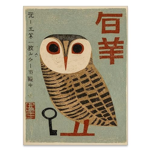 Heltrappe Vintage Japanese Canvas Wall Art Owl Poster Mid Century