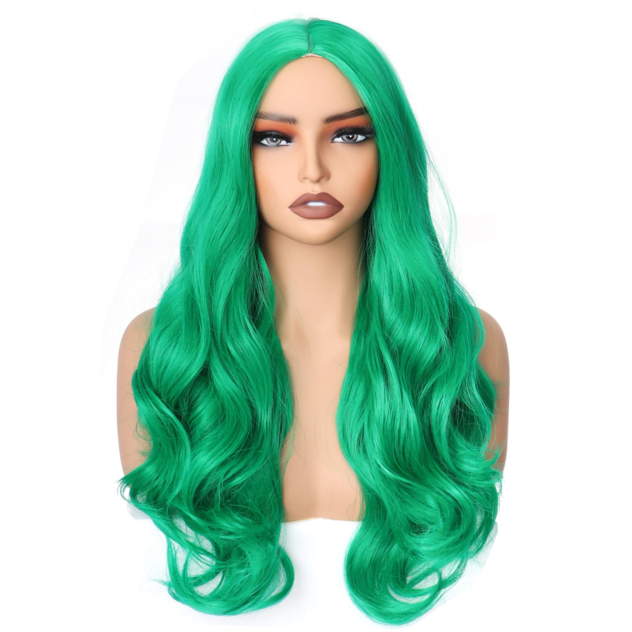 PORSMEER Wig Long Curly Wavy Wigs for Women Ladies with Middle Part Cosplay Fancy Dress Wig Synthetic Heat Resistant Hair Wigs Long Replacement Hair (Green) - Image 2
