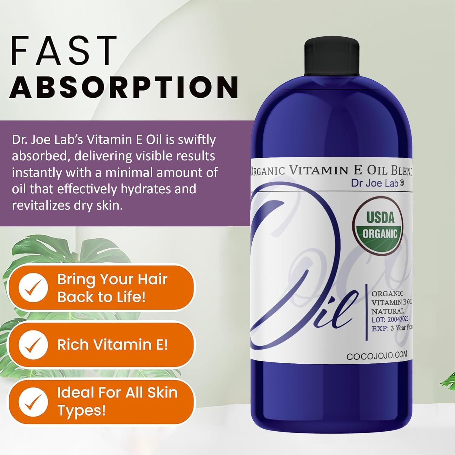 Dr Joe Lab Organic Vitamin E Oil for Skin, Vitamin E Oil for Hair, Face, Liquid Body Oil, Pure Natural Cold Pressed Unrefined, Moisturizes & Nourishes, Non-GMO - 32 Oz