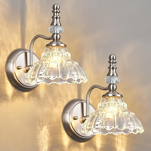 Apliques de pared vintage con acabado de níquel antiguo cepillado mate para interiores, lámparas de pared con pantalla de cristal para dormitorio,