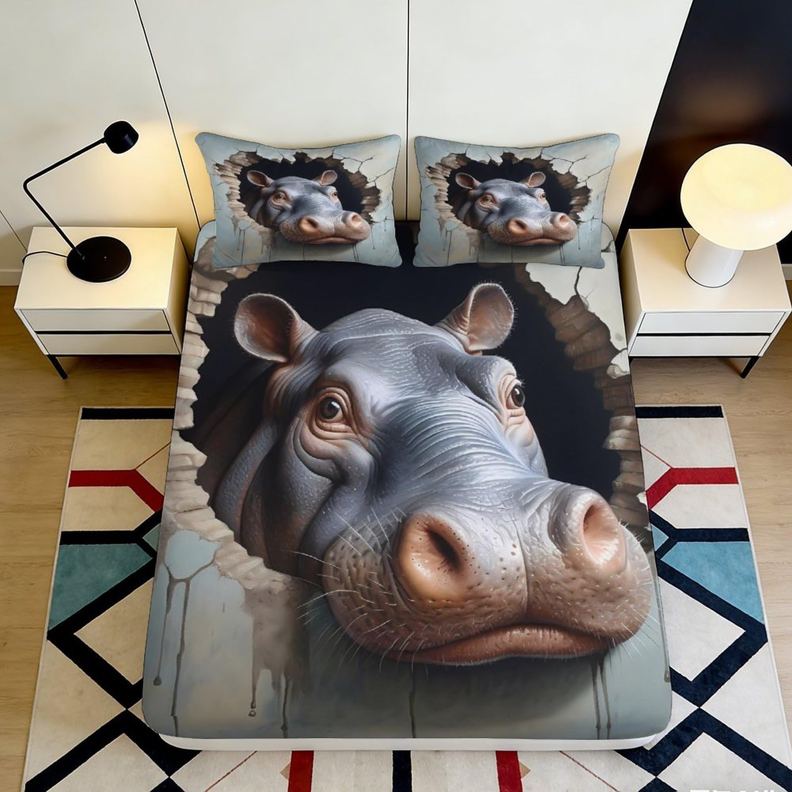 Pnayamiorkfel Style-6 3D Printed Hippo Art Fitted Sheet Microfiber Soft Breathable Animal Bed Cover For Bedroom Dorm Mattress Protection Decor 90X200x25cm