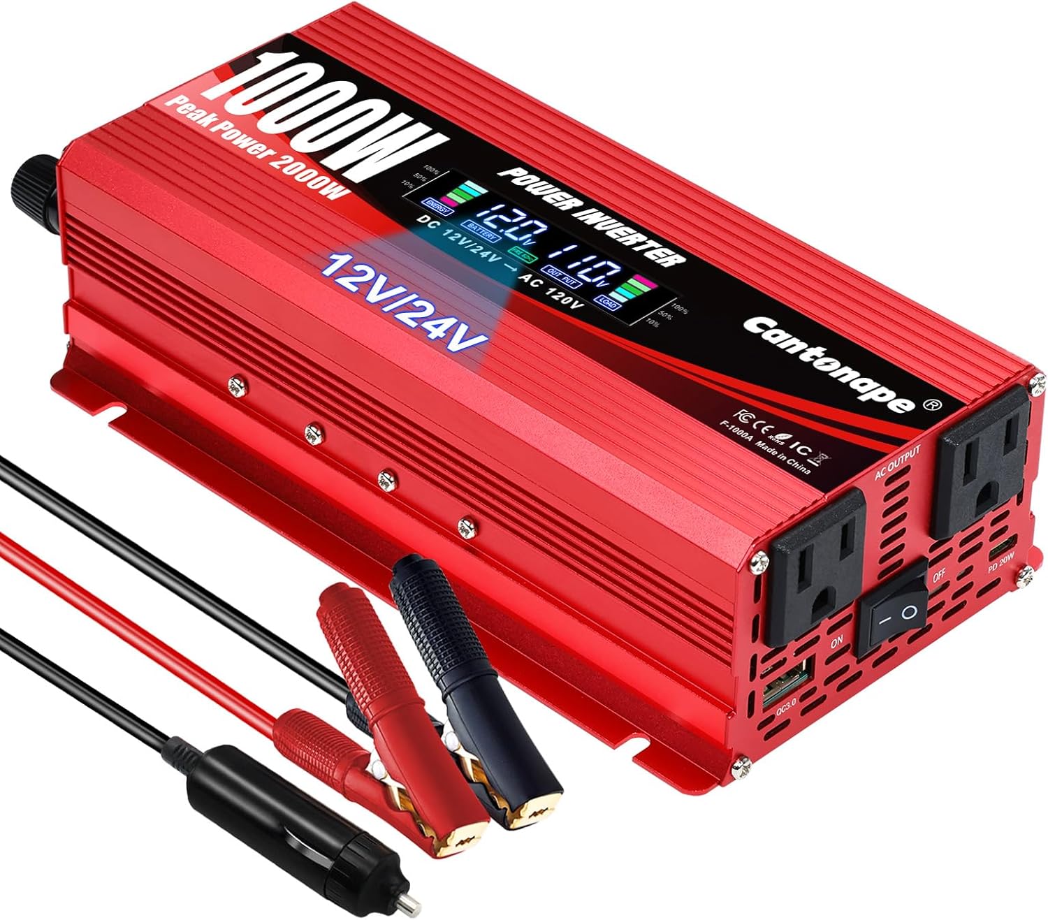 1000W/2000W(Peak) Car Power Inverter DC 12V/24V to 110V AC Converter with LCD Display Dual AC Outlets 3.0A USB and Type-C Car Charger for Car Home Laptop Truck Red