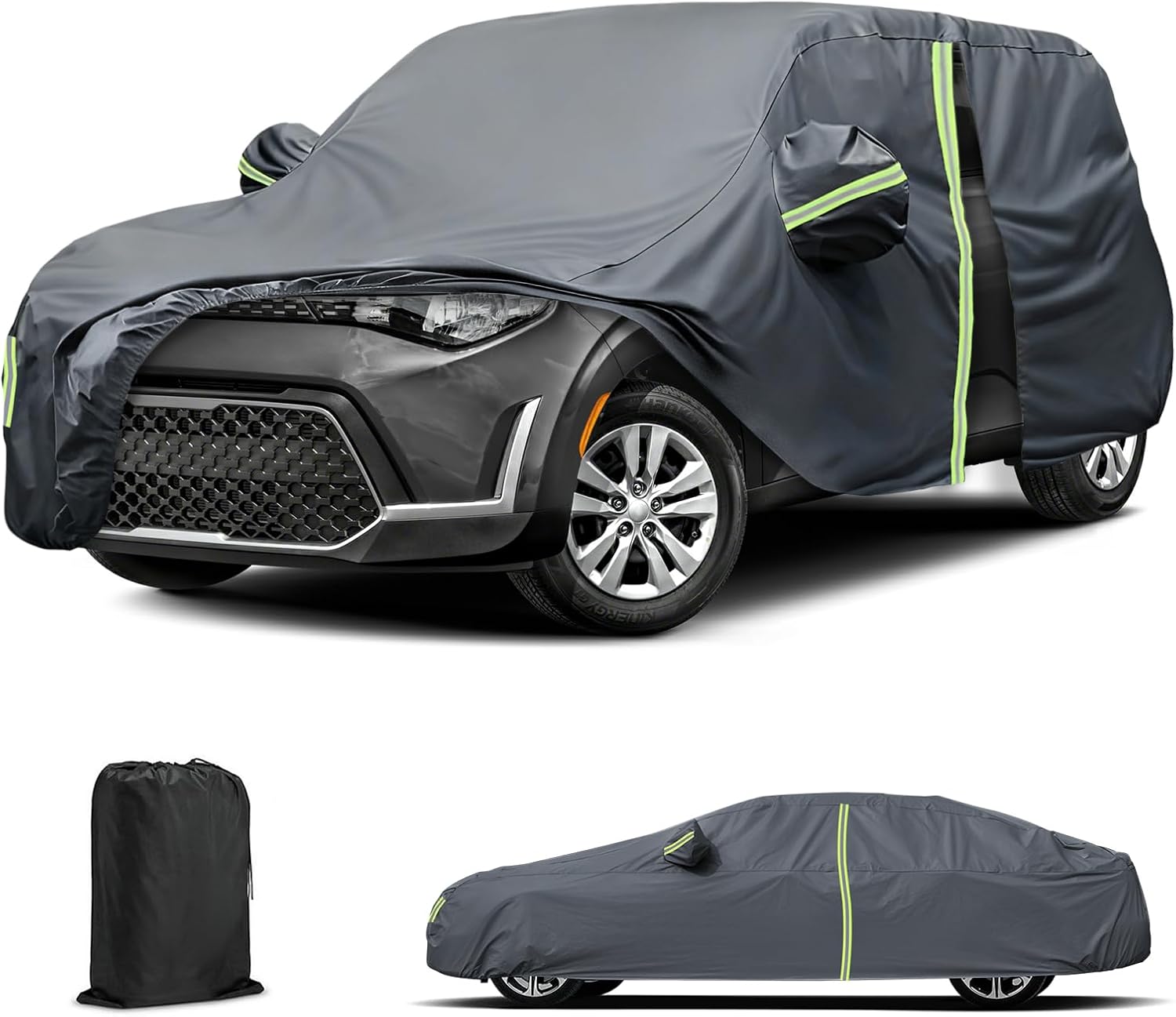 Waterproof Car Cover for 2010-2025 Kia Soul, All Weather Car Cover for Toyota Prius Nissan Leaf with Zipper Door & Windproof Bands for Rain Snowproof UV Windproof Protection Scratch Resistant (Gery)