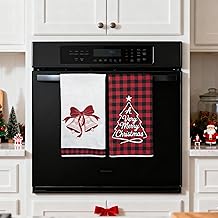 Red Black 水牛格子圣诞快乐叮铃铃厨房毛巾菜式毛巾,17x27英寸每日季节性冬季装饰手毛巾2件套,微纤维农家装饰茶毛巾