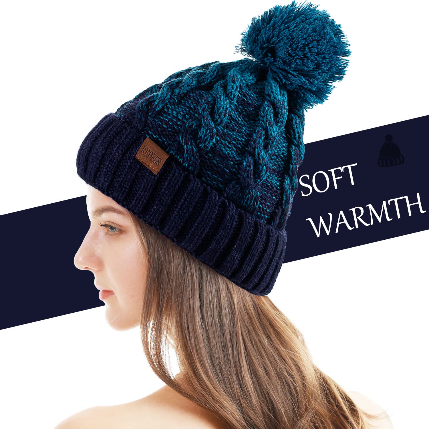 REDESS Cappello Invernale da Donna con Pom Pom Beanie Caldo Foderato in Pile Spesso Slouchy Snow Knit Chunky Baggy Skull Berretto da Sci