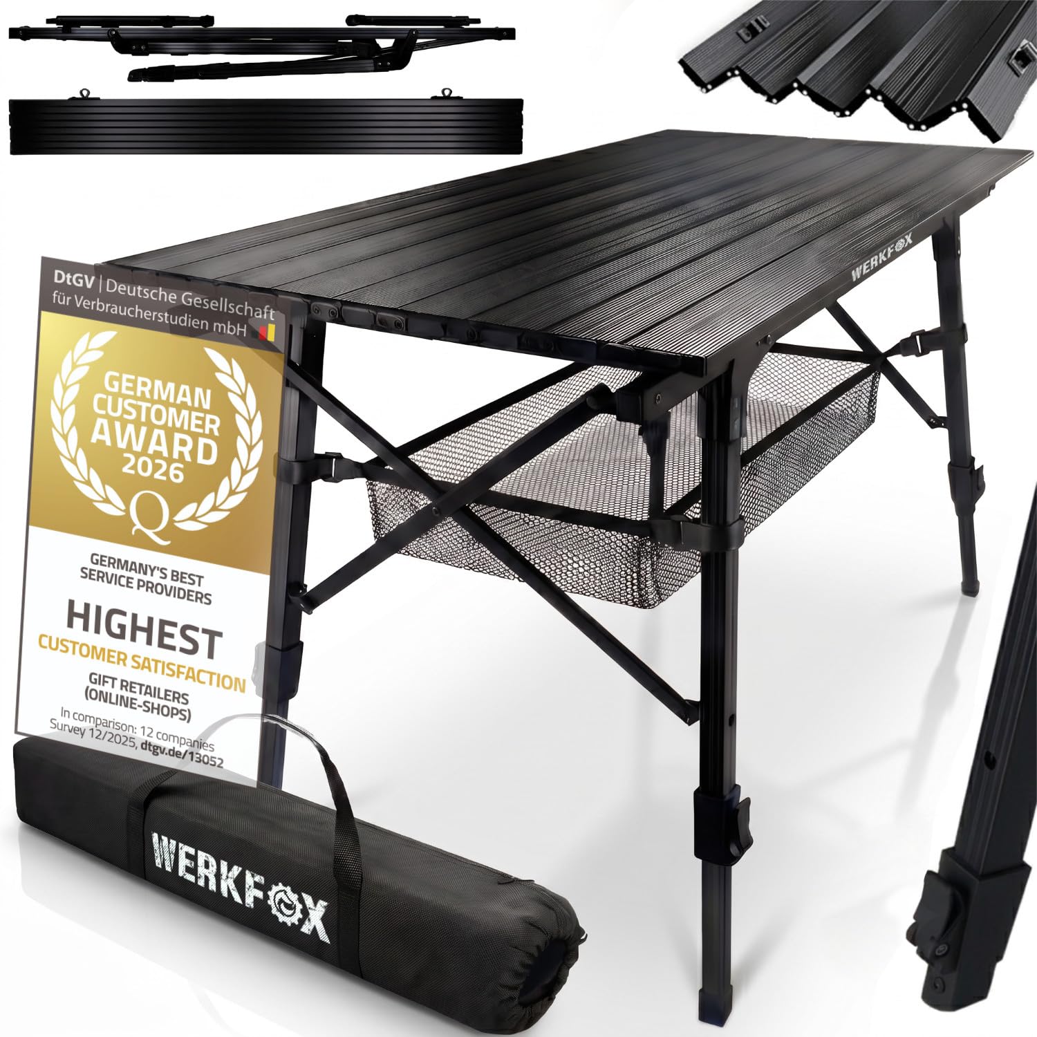Mesa Enrollable Camping - Aluminio, 30 kg, 90x51 cm | Altura regulable 45-65 cm - tablero enrollable - bolsa de transporte incluida - solo 3,9 kg