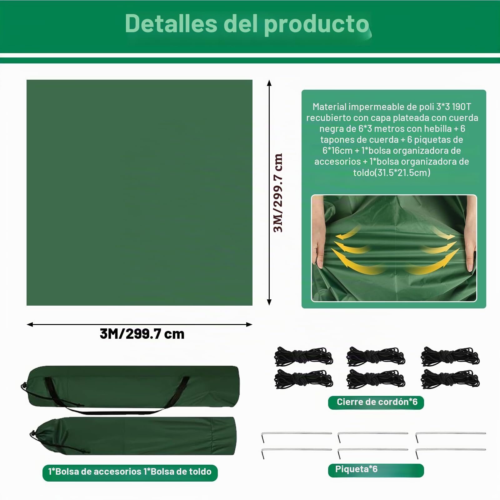 Toldo de Refugio Camping 3x3M, Toldo Camping Impermeable,Tienda de Campaña Tarp con 6 Cuerdas,6 Clavos de Tierra,2 Bolsa de Guarda,Lona Protectora Anti-UV para Vivac, Picnic, Playa, Hamaca