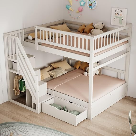 PUGSDRLY Lit Superposé Familial 1 Place Haut (90x200) / 2 Places Bas (140x200) avec Escalier Rangement