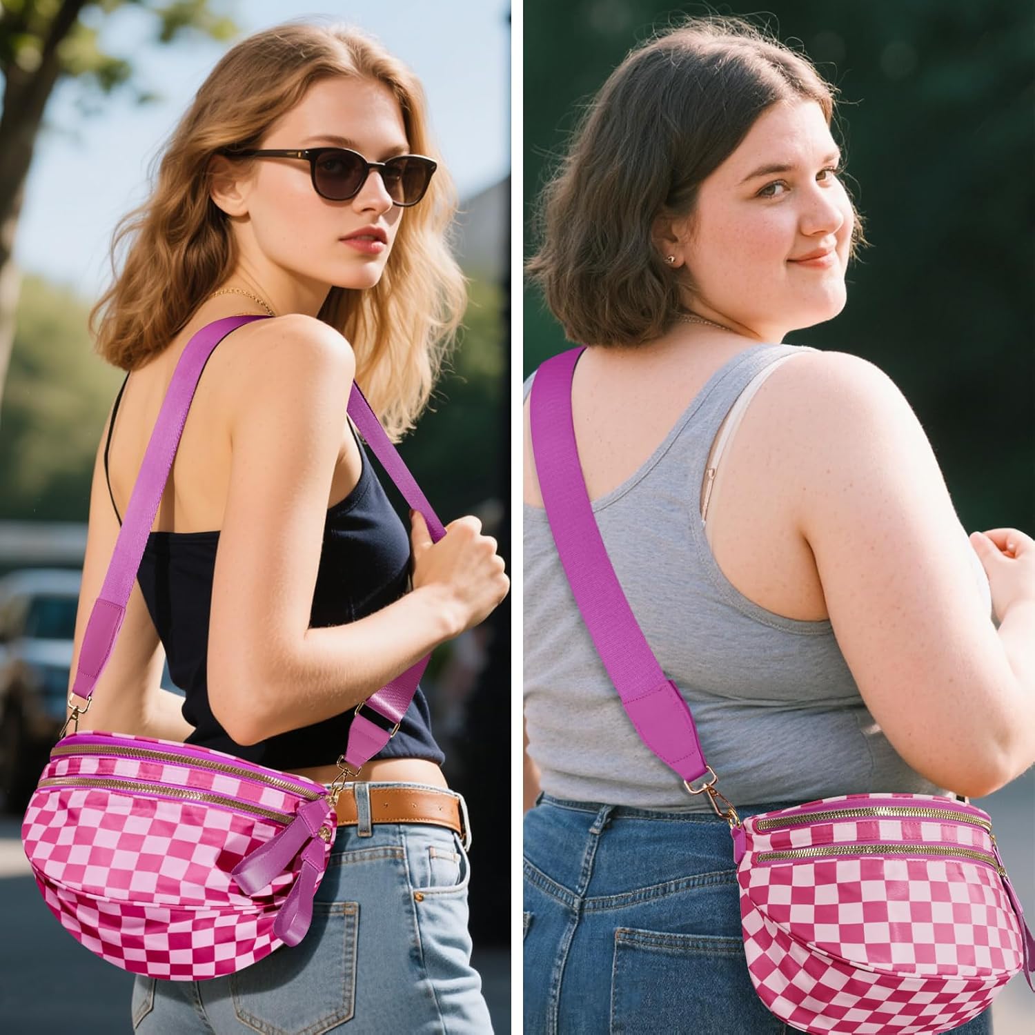 Checkered Crossbody Bags for Women, Large Nylon Bum Bags Plus Size Fanny Pack Sling Bag Belt Bag for Women Travel, Rose Checkered