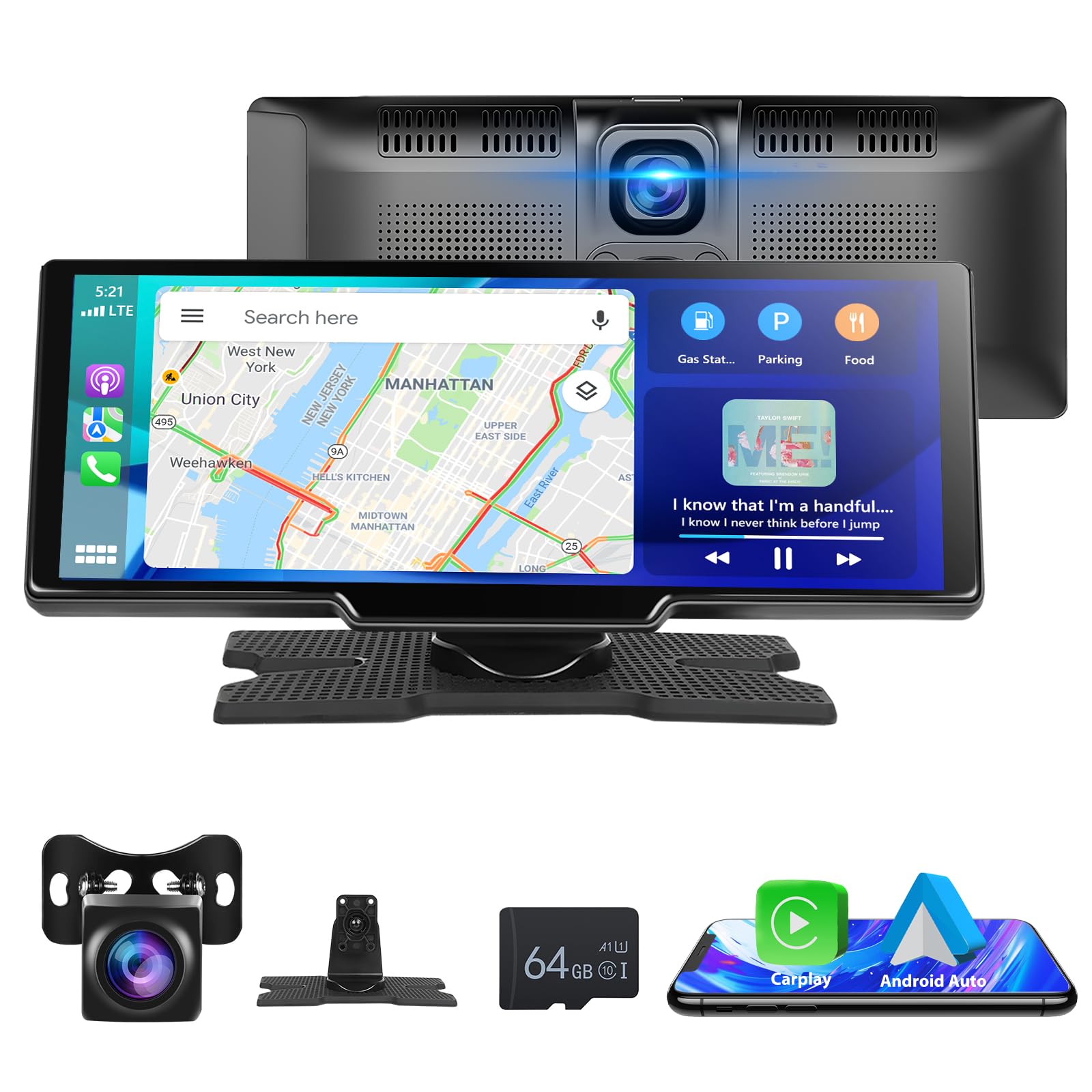 LAMTTO Wireless CarPlay Android Auto Display 10,25 inch In-Cell Touchscreen Car Play met Dashcam 2.5K 1080p spraakbesturing, kaarten navigatie Bluetooth FM AUX Loop opname 64GB TF-kaart