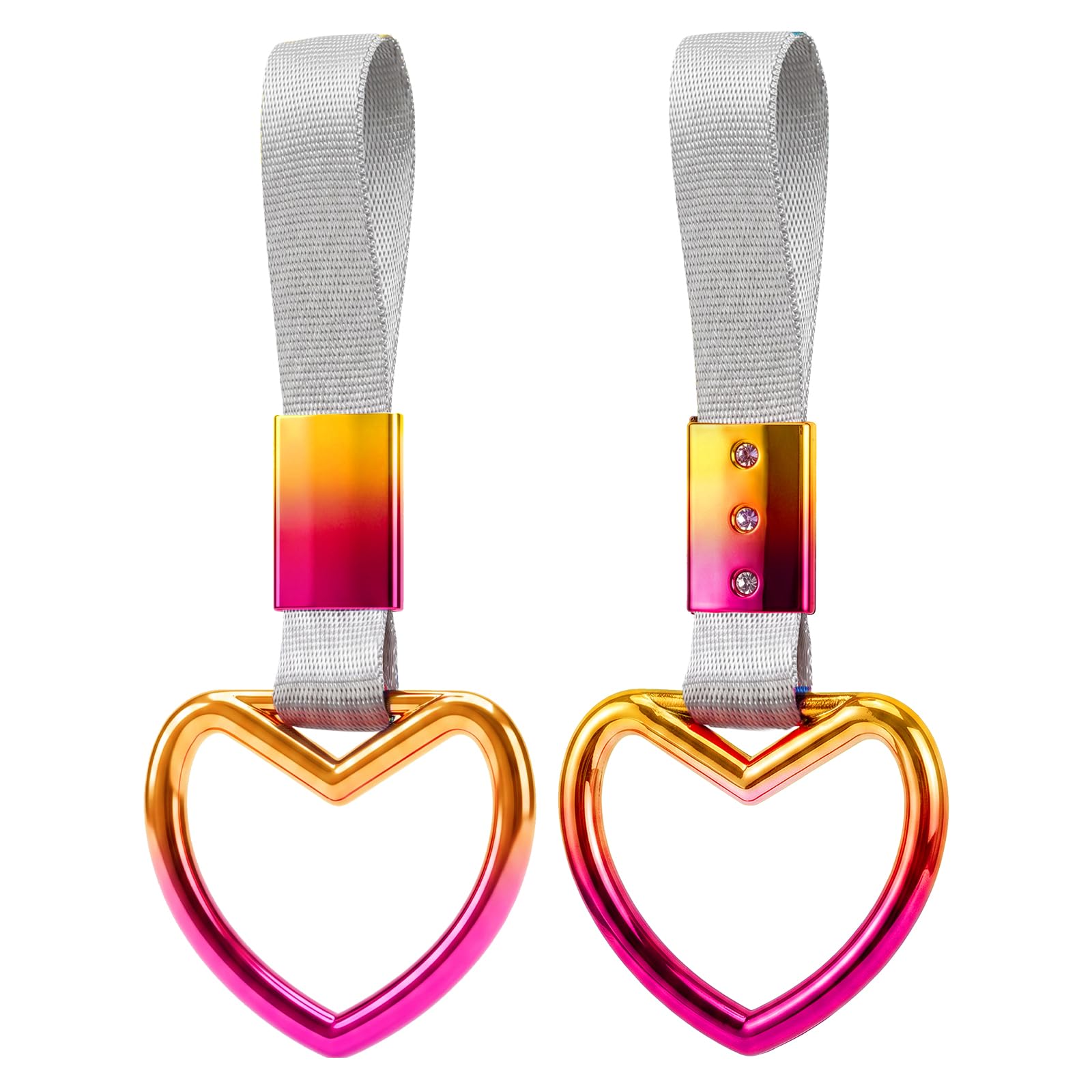 2PCS Heart Shaped Car Handle Straps, Rear Bumper Warning Keychain Ring for Car Exterior Accessories (Chrome Rainbow Heart - White)
