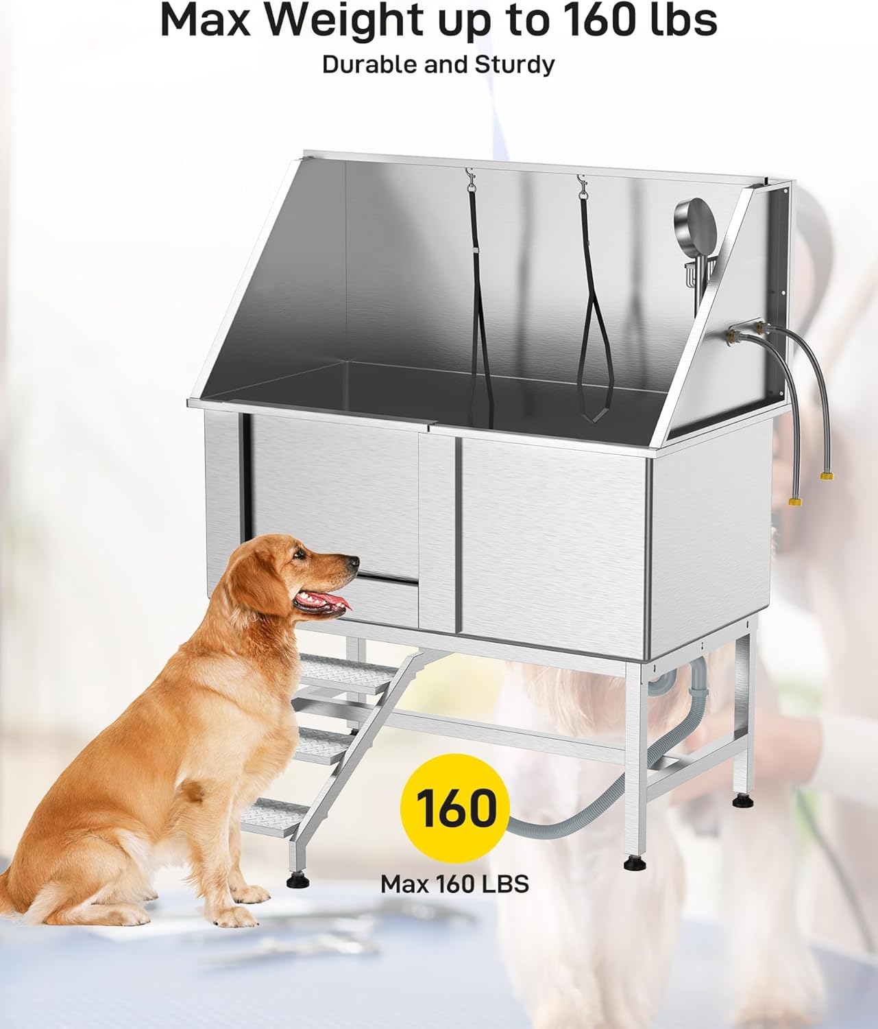 50 Inch Dog Washing Station, Stainless Steel Pet Grooming Tub with Stairs, Faucet & Sprayer, Non-Slip Bathing Station for Large Medium Small Dogs