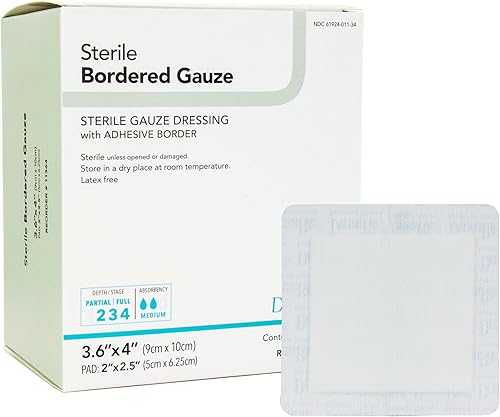 DermaRite 's Apósito de gasa con borde adhesivo con borde adhesivo - Material flexible que no desprende pelusa, primeros auxilios, empaquetado