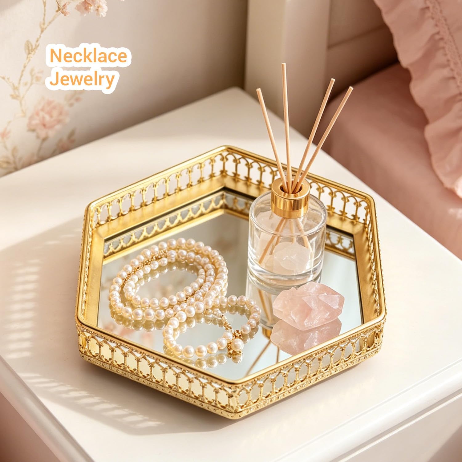 Gold Perfume Tray, Shatter‑Proof Acrylic Mirror Hexagonal Perfume Tray, Hollow‑Out Metal Vanity Display Tray for Dresser Bathroom Bedroom (S‑Hexagon)
