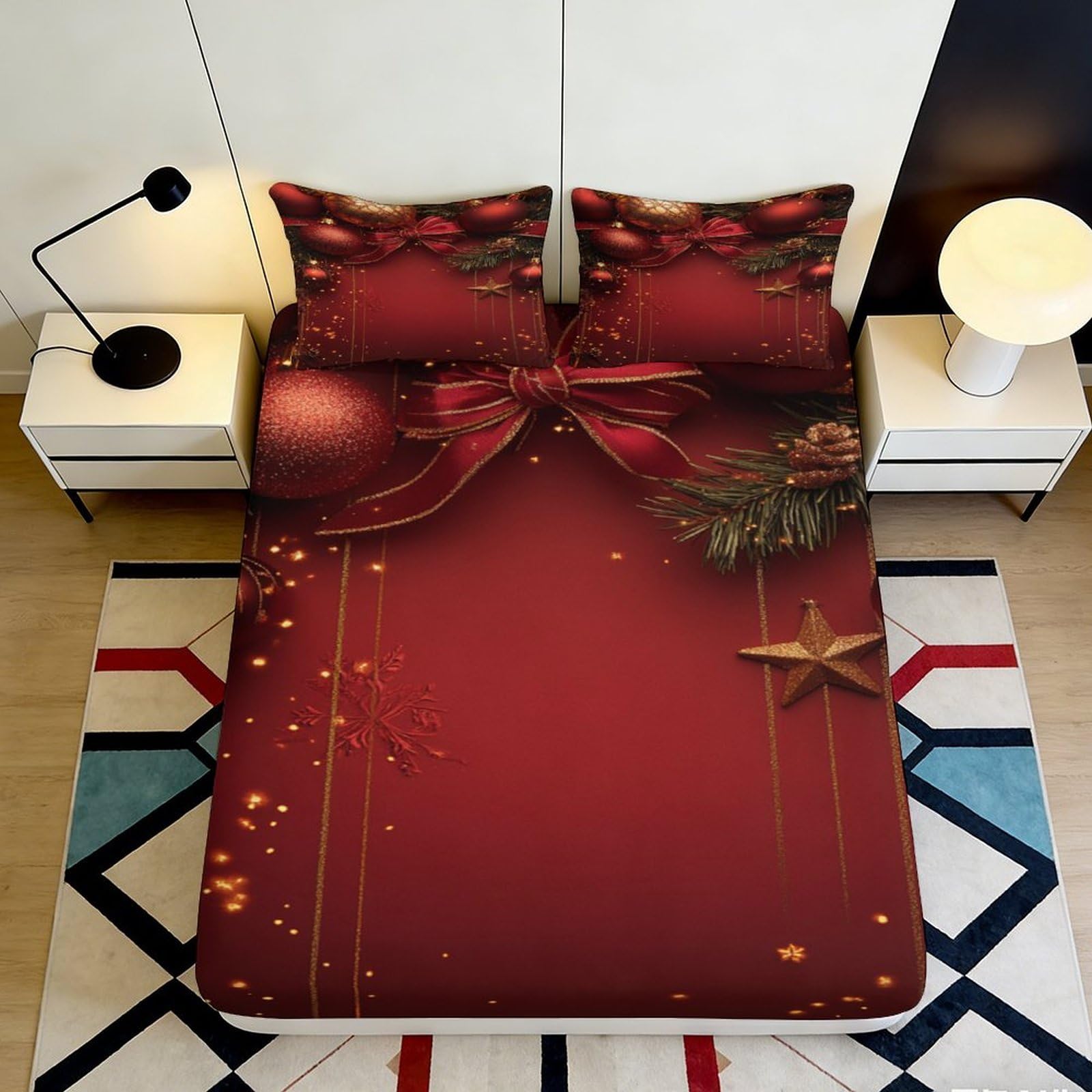 3D Printed Christmas Red Bow Fitted Sheet Microfiber Soft Breathable Holiday Ornament Bed Cover for Bedroom Dormitory Guest Room Mattress Protection 180x200x25cm