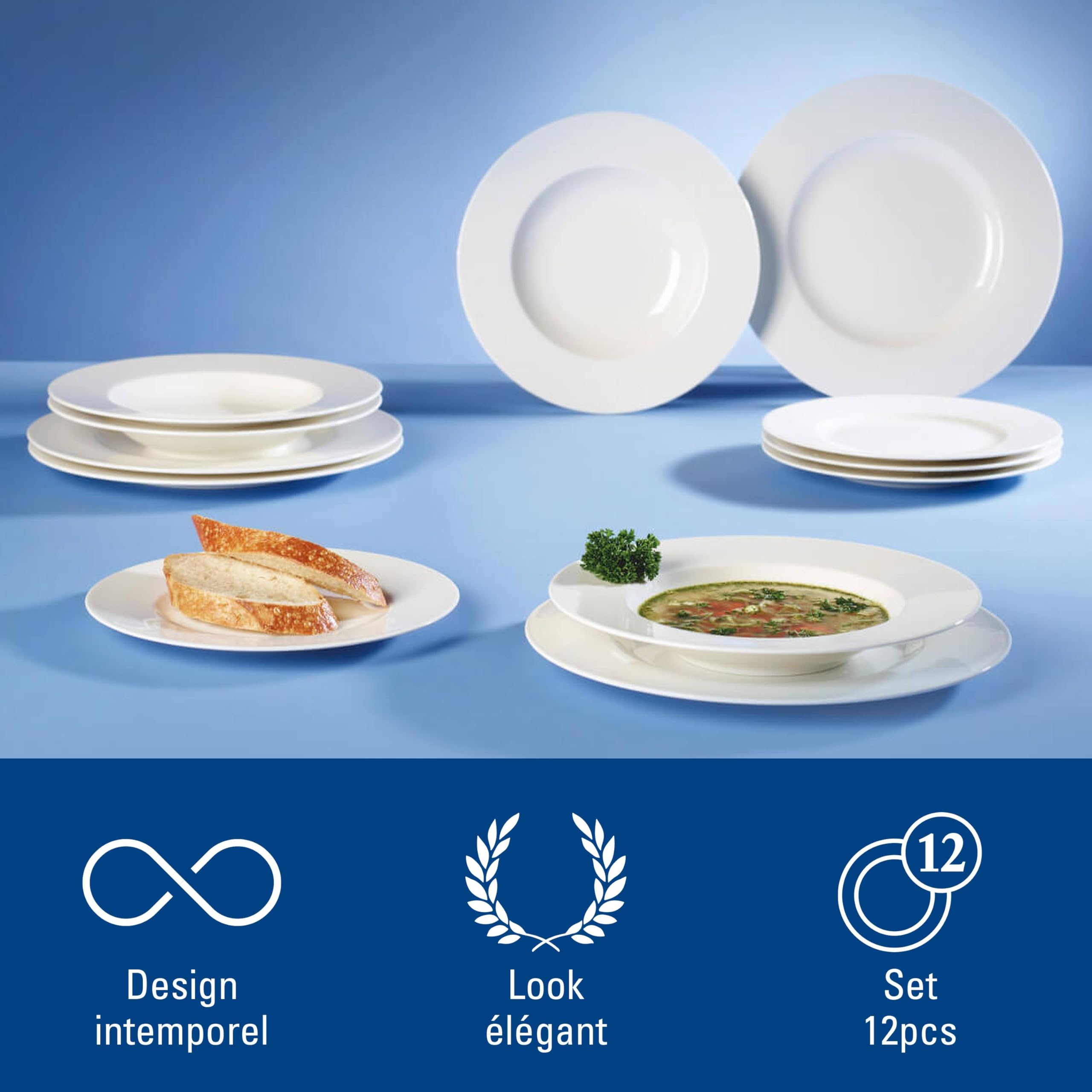 Villeroy & Boch - Wonderful World White Set de Dîner 12 Pièces Blanc, Garanti Lave-Vaisselle, Compatible Micro-Ondes, Ensemble de Vaisselle, Assiettes Service de Table, Porcelaine Haut de Gamme