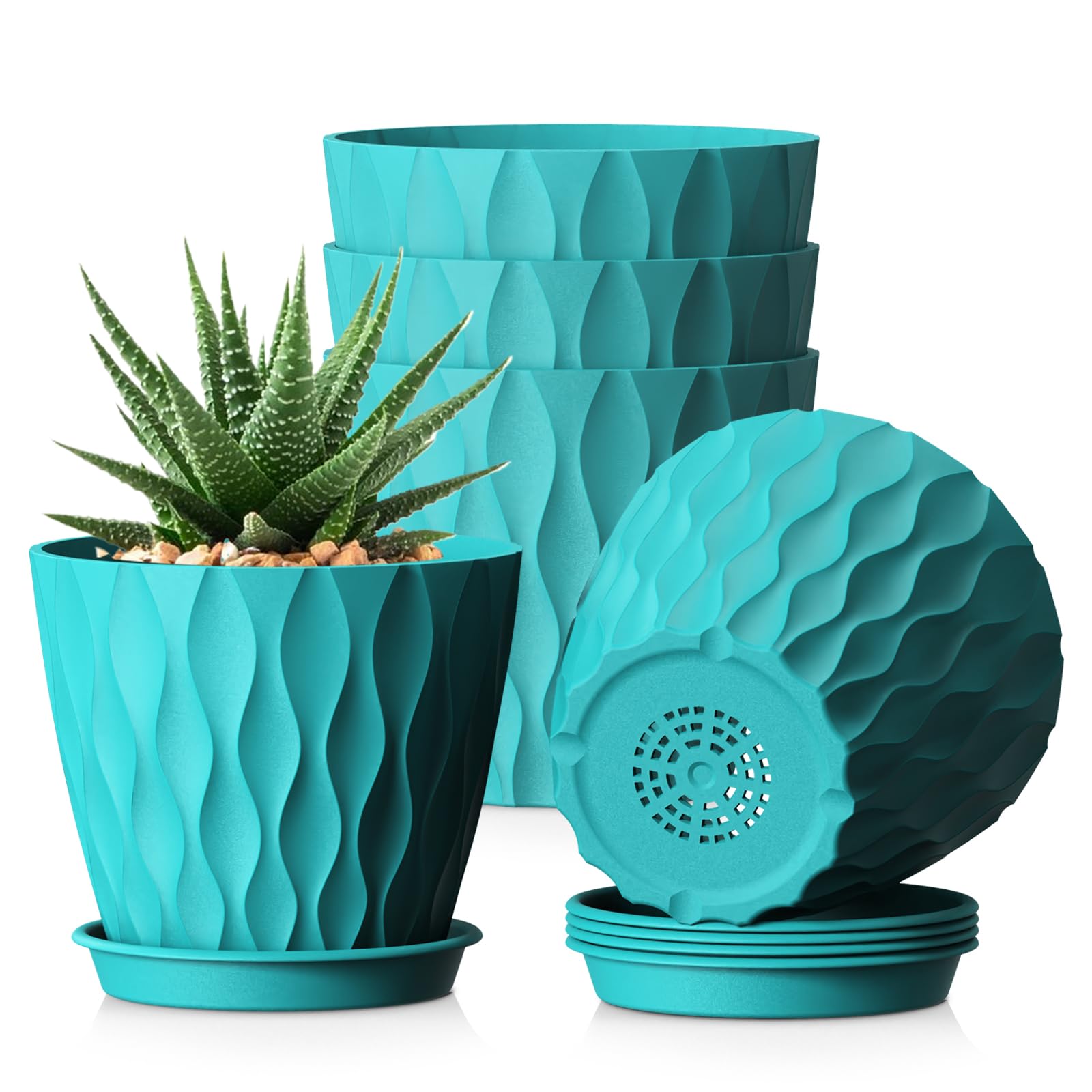 12.7 cm Indoor Plant Pot, 5 Pack Thick Plastic Flower Pots with Drainage Holes & Saucers, 3D Modern Wave Texture, Decorative Nursery Pots for Succulent, Cactus, Mint & Small House Plants, Black — view 23