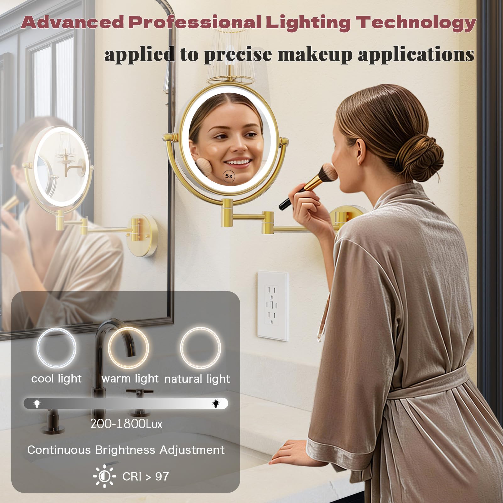 Espejo de maquillaje recargable de latón de 8 pulgadas con luces y aumento 1X/5X, inalámbrico de doble cara de 3 colores, control táctil LED, brazo extendido, rotación de 360 grados para baño
