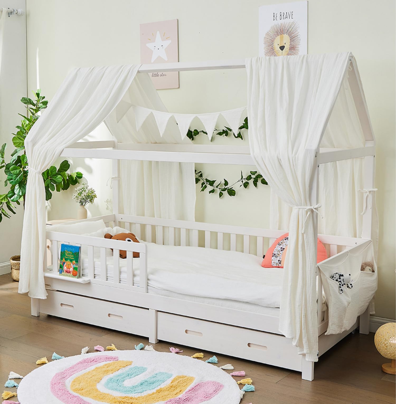 Set Letto A Baldacchino Per Cameretta | 2 Teli In Mussola + 1 Bandierina | Decorazione Morbida Per Lettino Bambini