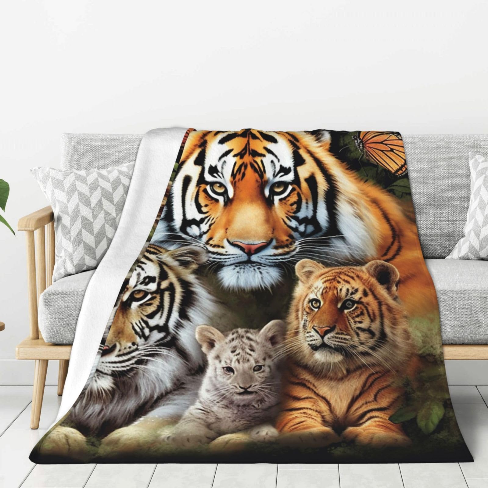Lion Tiger Leopard and Butterfly Throw Blanket Plush Flannel Fleece Blanket, Soft Lightweight Cozy Blankets 60"X50" for Bed Couch Sofa Travel