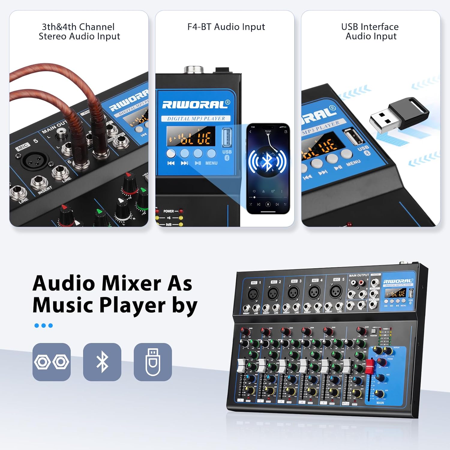 7 Channel Audio Interface USB Audio Mixer Sound Board Mixing Console Built In Bluetooth MP3 Computer Input +48V Phantom Power Mixer Audio For Karaoke Dj Stage Streaming Studio