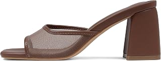 Mattiventon Women's Chunky Block Heel Slide Sandals - Breathable Mesh Square Open Toe Mules for Summer Dresses