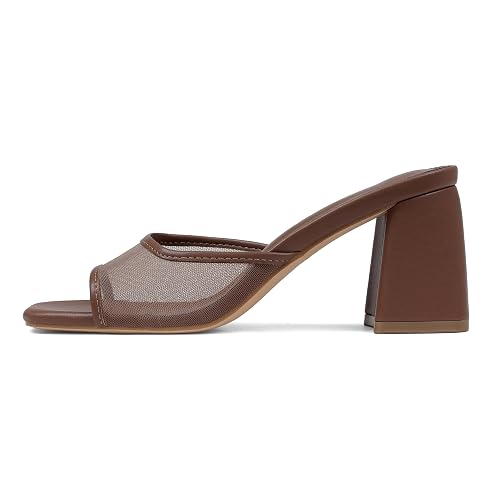 Mattiventon Heeled Sandals for Women Slide Sandals Square Open Toe Mules Chunky Heels Slip On Summer Dress Shoes - 8 - Brown Mesh