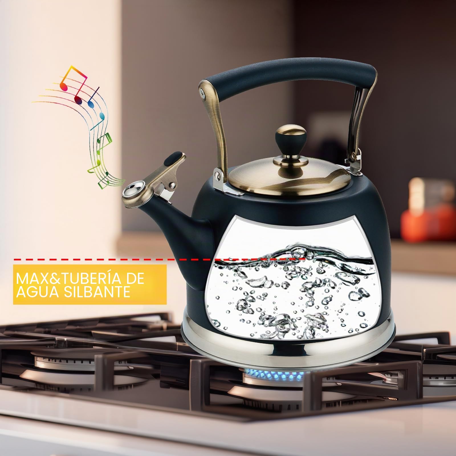 3L Hervidor de agua de acero inoxidable para camping, té en tetera con asa, placa de inducción y estufa de gas, cocina silbante