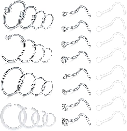 D.Bella Anillos de nariz de 18G para mujer, aretes de nariz de acero inoxidable en forma de L, aretes de nariz para piercing de nariz, Metal, Acero