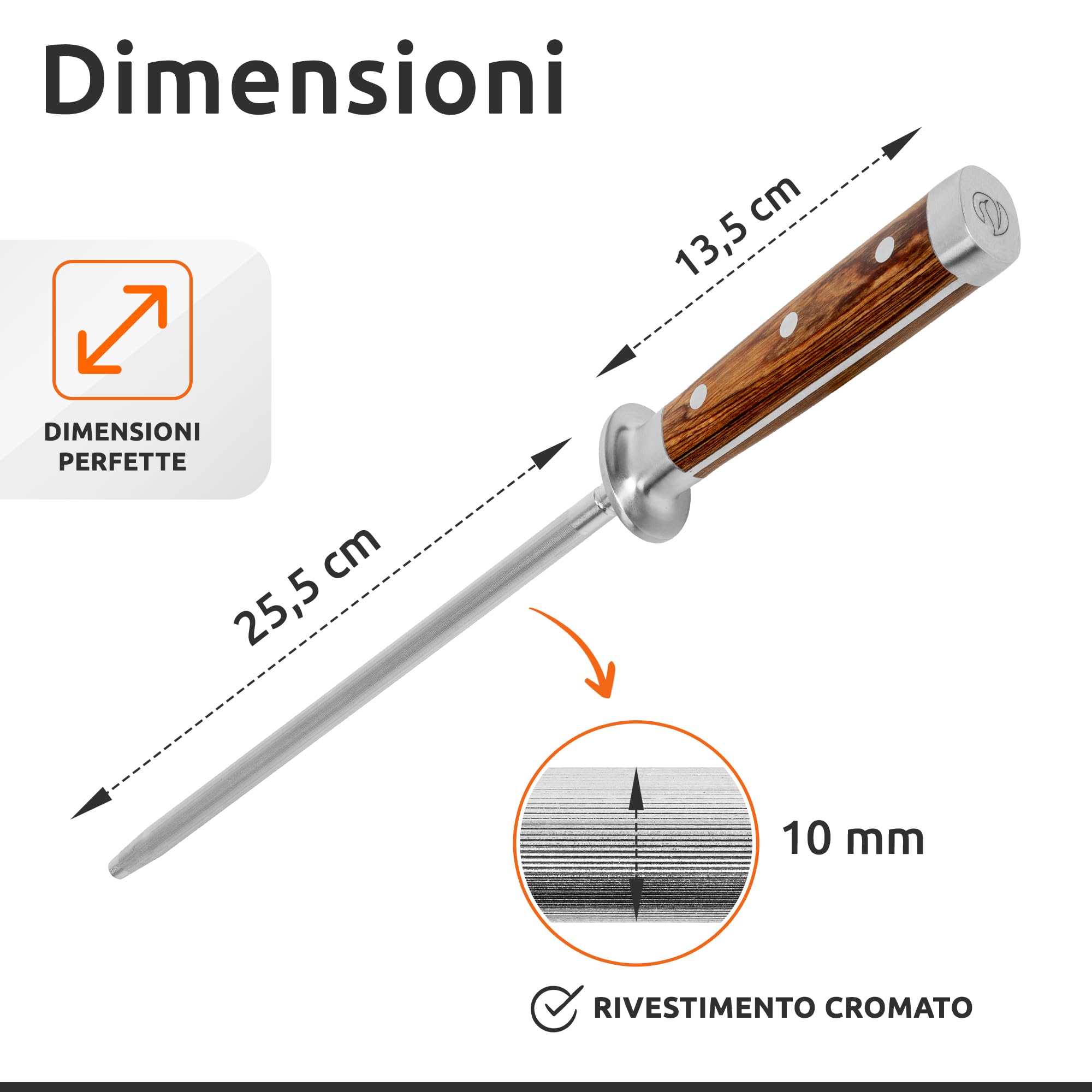ECENCE Acciaino Affilacoltelli, Affilatore professionale di coltelli in acciaio inossidabile (65HRC), asta di affilatura con impugnatura in legno, 39cm Argento