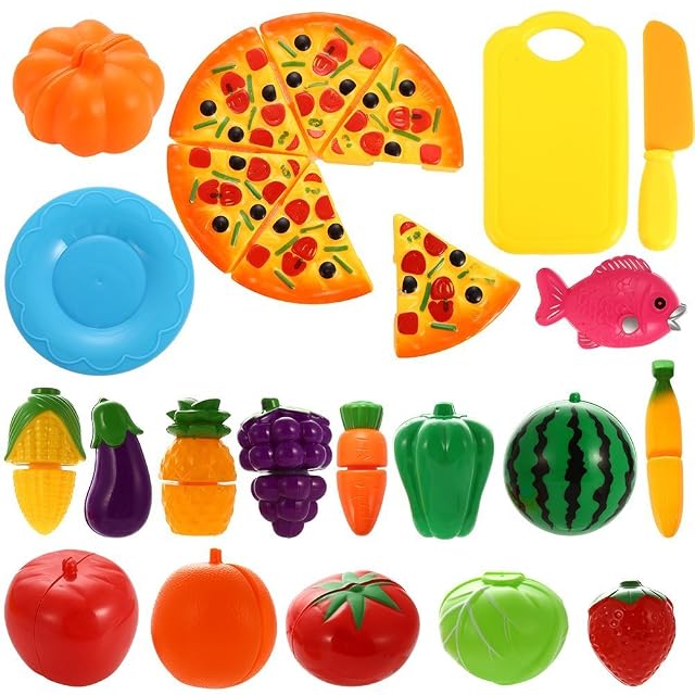 NIWWIN - Juego de 24 piezas de plástico con forma de frutas, verduras y pizza para cortar, juego educativo…