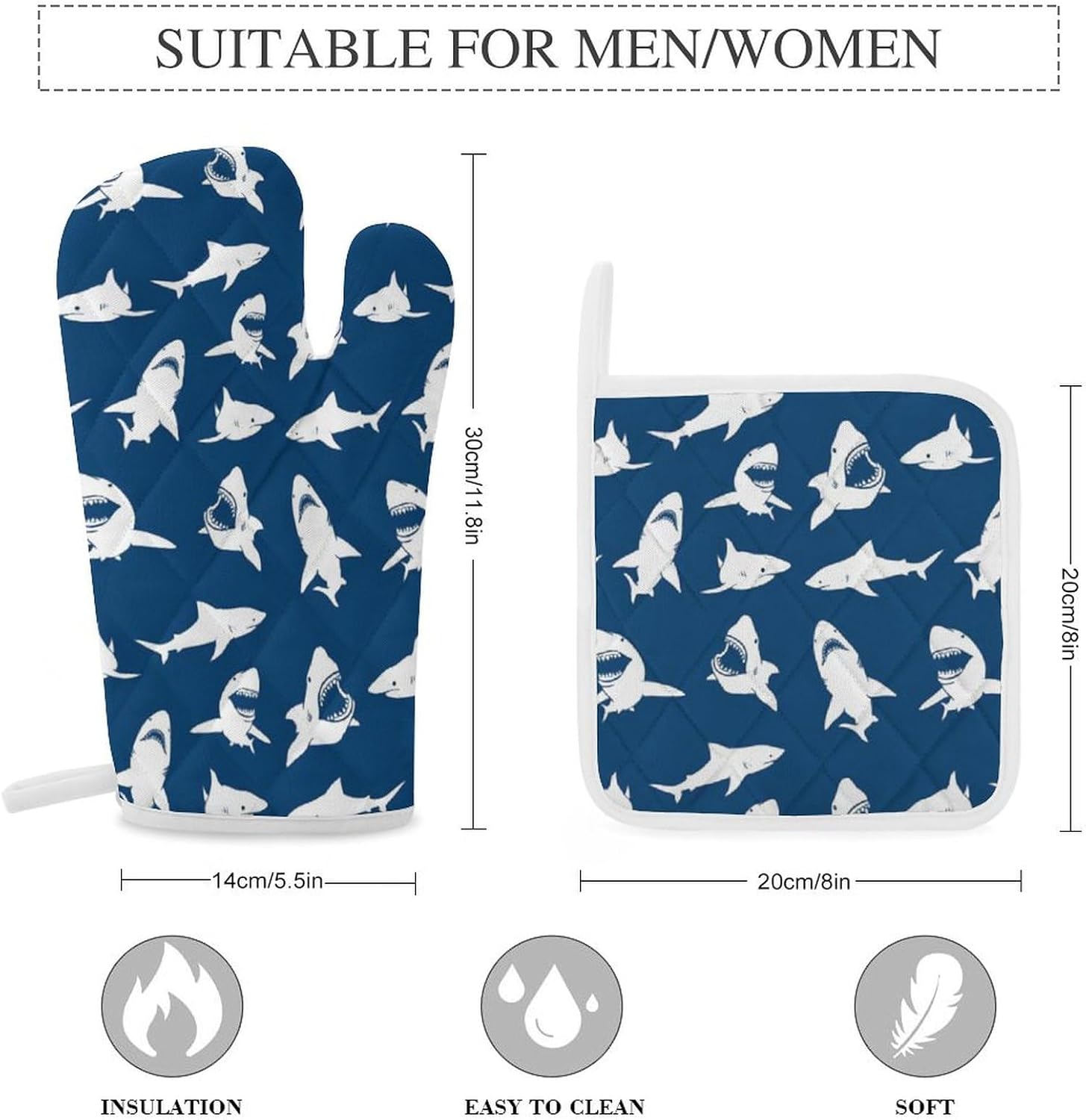 Great White Shark Print Oven Mitts and Pot Holders 3 Piece Sets Heat Resistant Gloves Hot Pads Potholders for Kitchen Baking Cooking