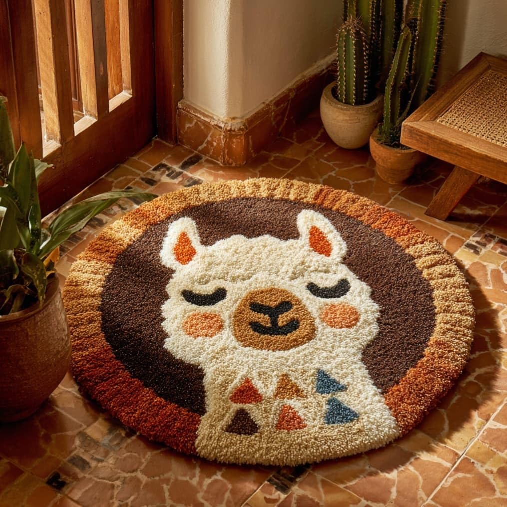 kitphoenix Round Shape Latch Hook Kits Rug Alpaca DIY Cushion Rug Carpet Making Crochet Hook Kits Preprinted Pattern Canvas Cushion Yarn Hooking Kits Mat Kits 50X50Cm