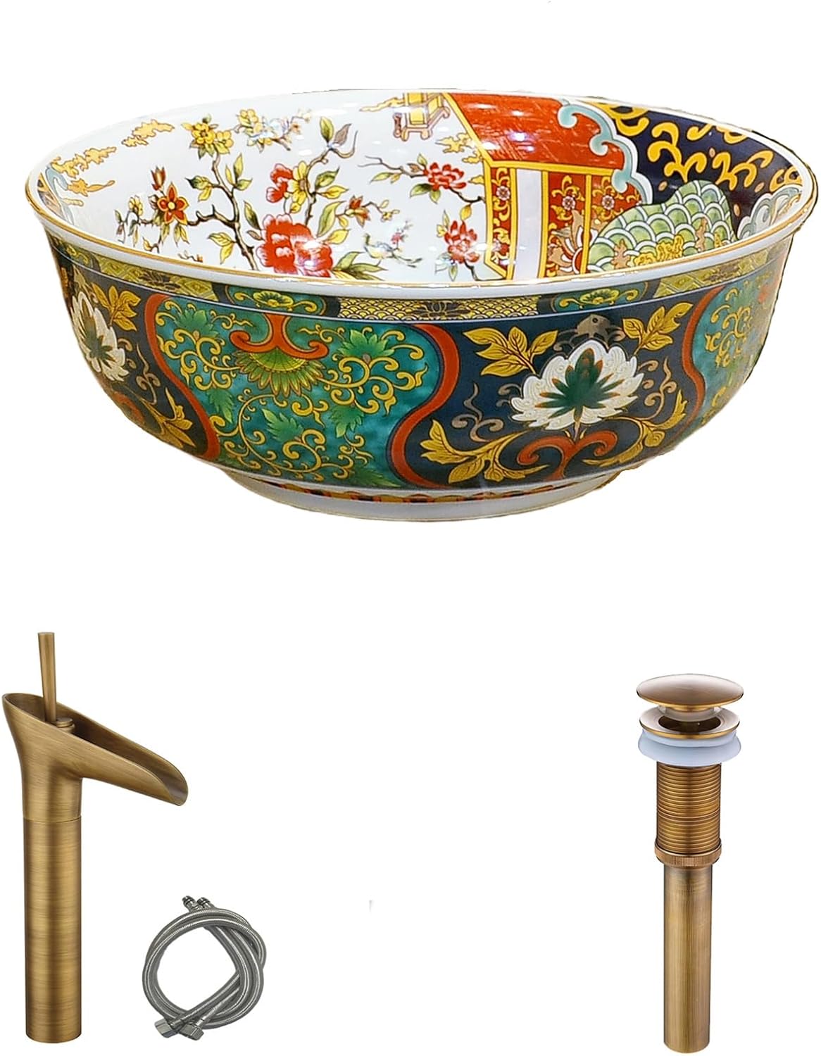 Retro European Style Round Vessel Sink Bowl with Brass Waterfall Faucet and Pop Up Drain Combo for Bathroom Vanity Top
