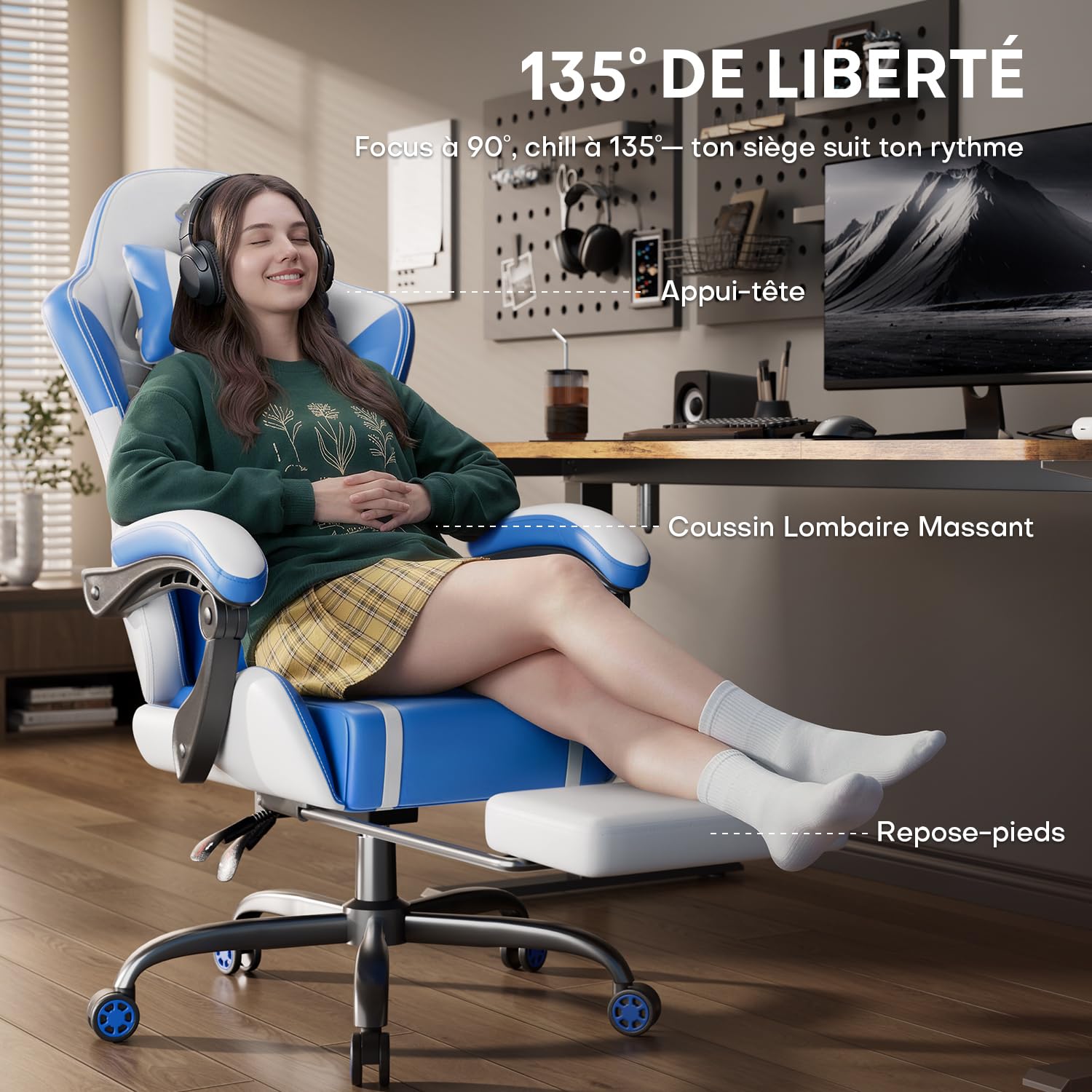 HLFURNIEU Chaise Gaming Massante, Chaise Gamer avec Coussin à Ressorts Ensachés, Fauteuil Gaming avec Coussin Lombaire Massant et Repose-Pieds, Appui-tête, Siège Gaming Blanc et Bleu