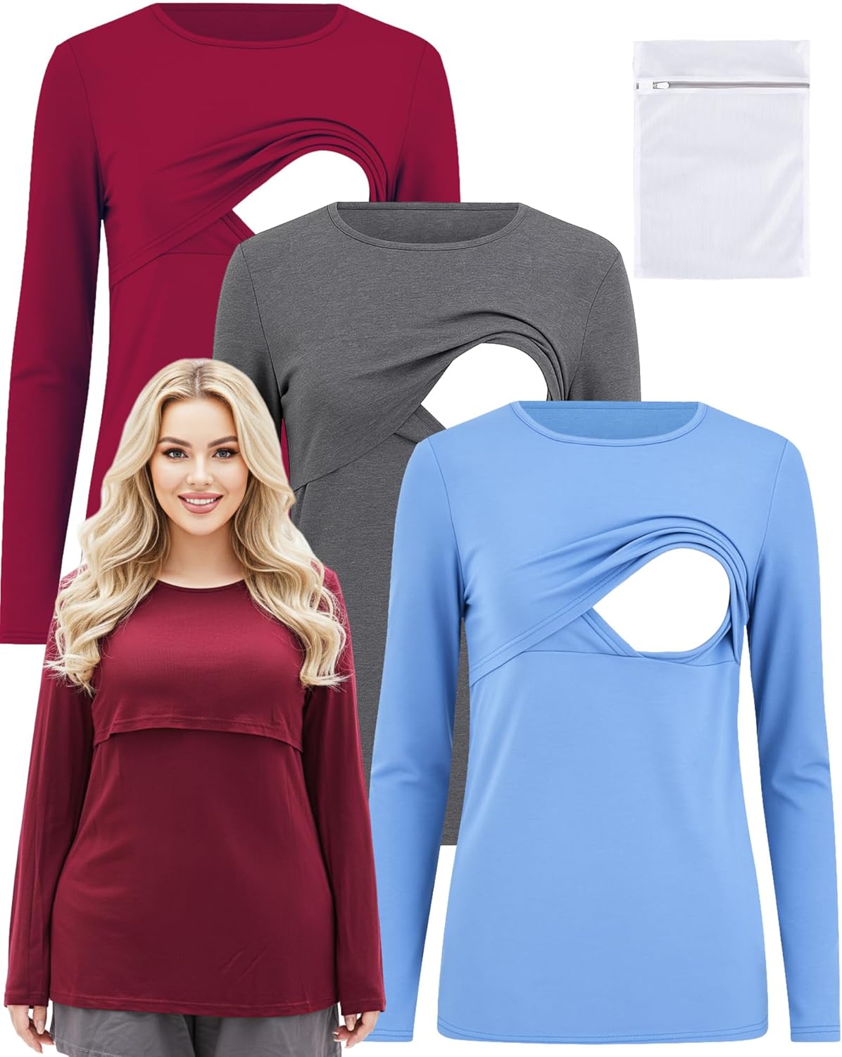 3pcs Modal Soft Women's Nursing Tops Long Sleeves Breastfeeding Maternity Shirts Crew Neck Warm Pregnancy Clothes - Image 2