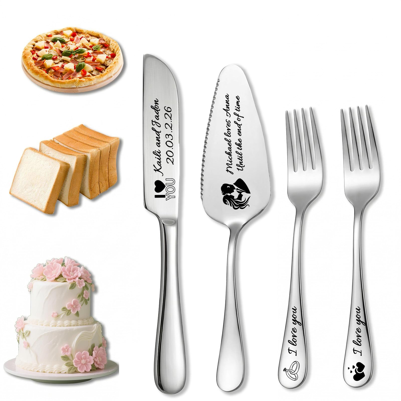 Takuno Personalised Wedding Cake Cutting Set Custom Cake Knife and Server Set Engraved Stainless Steel Knife and Fork Customised Gifts for Wedding Birthday Anniversary(4Pcs,Silver)