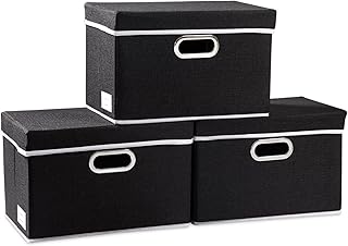 Prandom Contenedores de almacenamiento plegables grandes de lino con tapas para el hogar, la oficina [paquete de 3] guardería negro (38 x 25 x 25 cm)