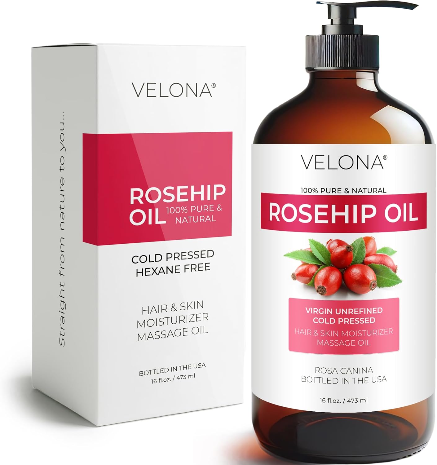 velona Rosehip Oil - 16 Fl Oz in Glass Bottle | 100% Pure and Natural Carrier Oil| Unrefined, Cold Pressed, Hexane Free | Moisturizing Face, Hair, Body, Skin Care, Stretch Marks, Scars…