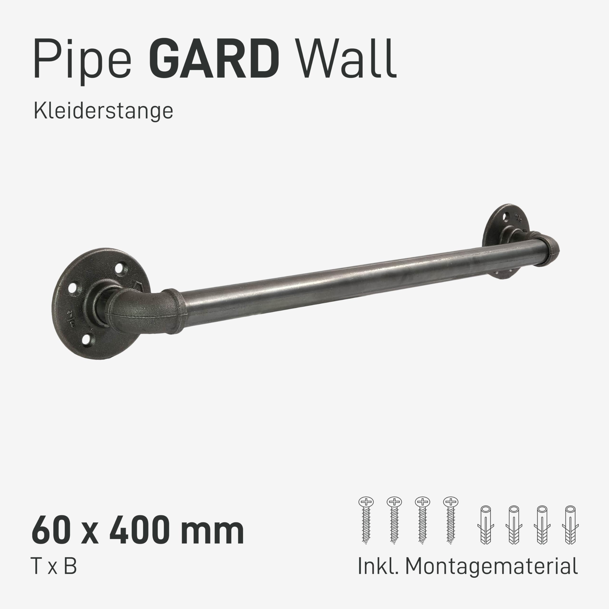 Natural Goods Berlin Kleider-Stange Pipe GARD Wall | Einfache Wand-Montage | Garderoben-Stange im Industrial Design | Kleider-Stangen aus Metall | DIY-Garderobe Temperguss | T6cm * B40cm