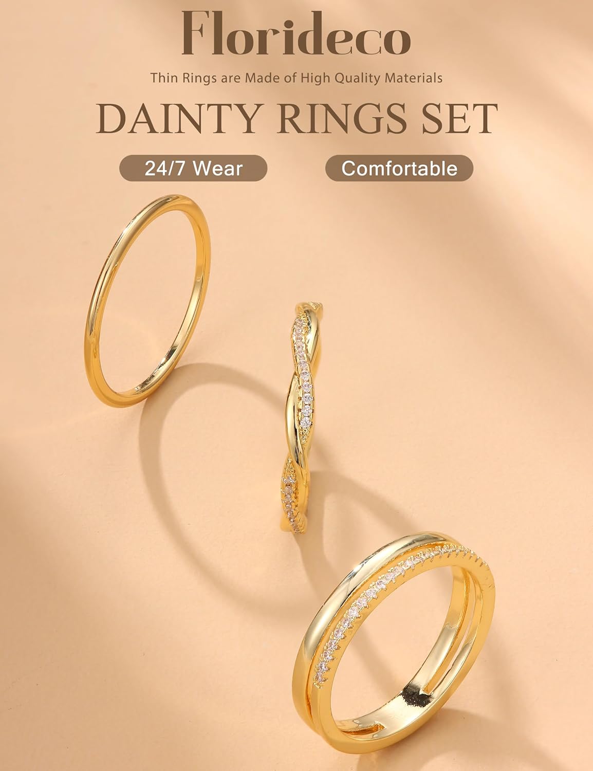 Florideco 14K Gold Plated Stackable Rings for Women Non Tarnish Dainty Cubic Zirconia Ring Set Minimalist Wedding Bands Ring Stack Statement Engagement Promise Thumb Rings Size 5-10 - Image 6