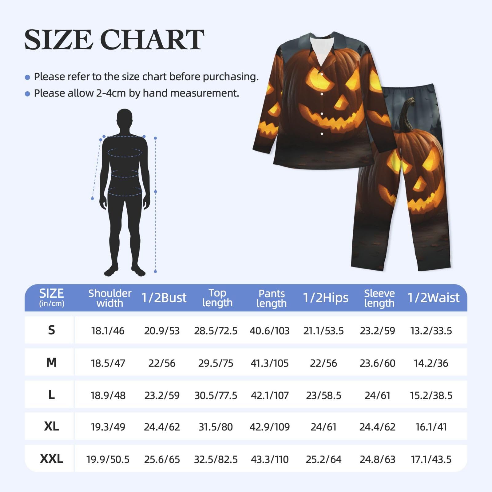 Halloween-Pyjama-Set für Herren, langärmlig, zweiteilig, bequem, Nachtwäsche, mit Kürbismuster