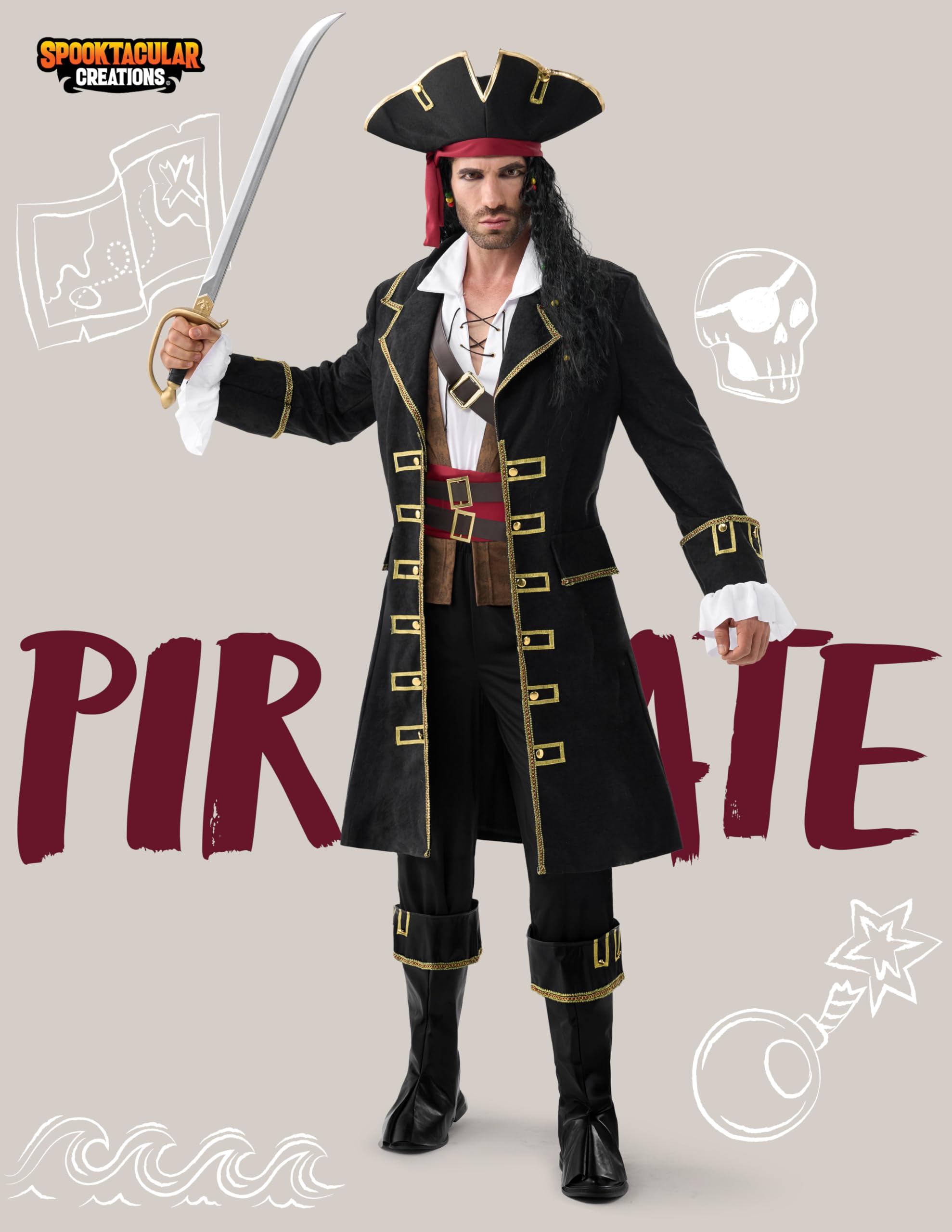 Spooktacular Creations Costume da capitano pirata da uomo, costume deluxe da capitano del mare, vestito da pirata per feste a tema