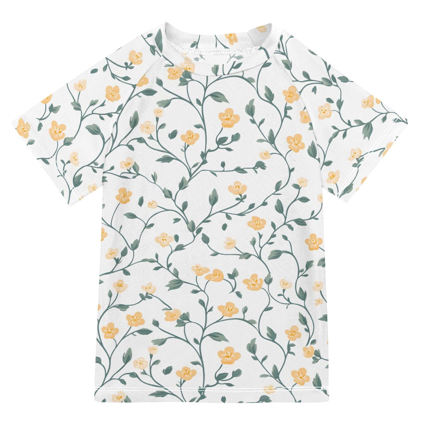 Boys Rash Guard Short Sleeve Swim Shirts for Boys Yellow Little Flower Sun Protection 7-8T